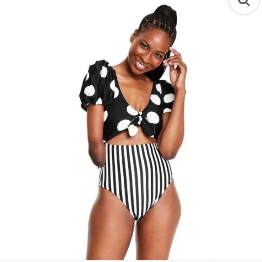 Tabitha Brown Black & White Polka Dot & Striped Cutout One Piece Swimsuit Sz 18W